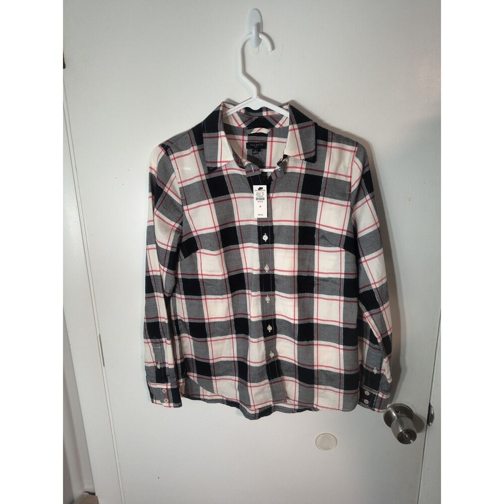 Talbots NWT Plaid Flannel Shirt Womens Petite P Black White Red Metallic Button